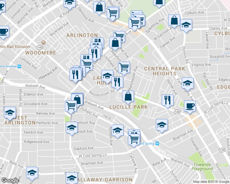 map of restaurants, bars, coffee shops, grocery stores, and more near 4914 Reisterstown Road in Baltimore