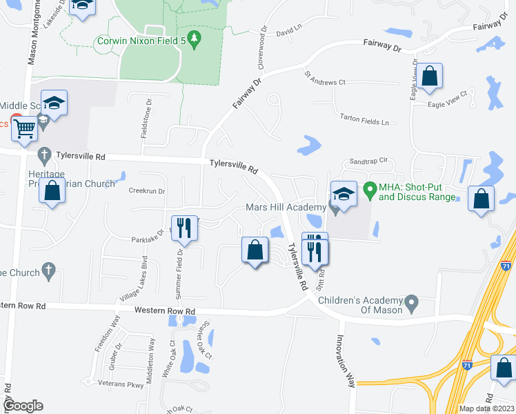 map of restaurants, bars, coffee shops, grocery stores, and more near 4193 Eastlake Drive in Mason