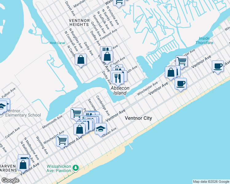 map of restaurants, bars, coffee shops, grocery stores, and more near 130 North Derby Avenue in Ventnor City