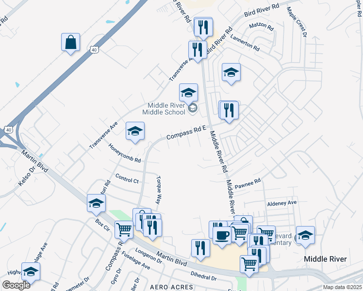 map of restaurants, bars, coffee shops, grocery stores, and more near 6 Right Rudder Court in Middle River