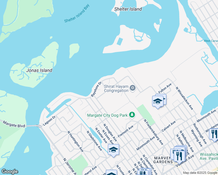 map of restaurants, bars, coffee shops, grocery stores, and more near 7501 Burk Avenue in Margate City