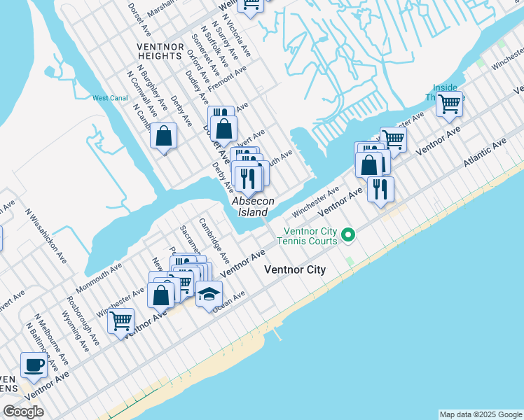 map of restaurants, bars, coffee shops, grocery stores, and more near 5804 Edgewater Avenue in Ventnor City