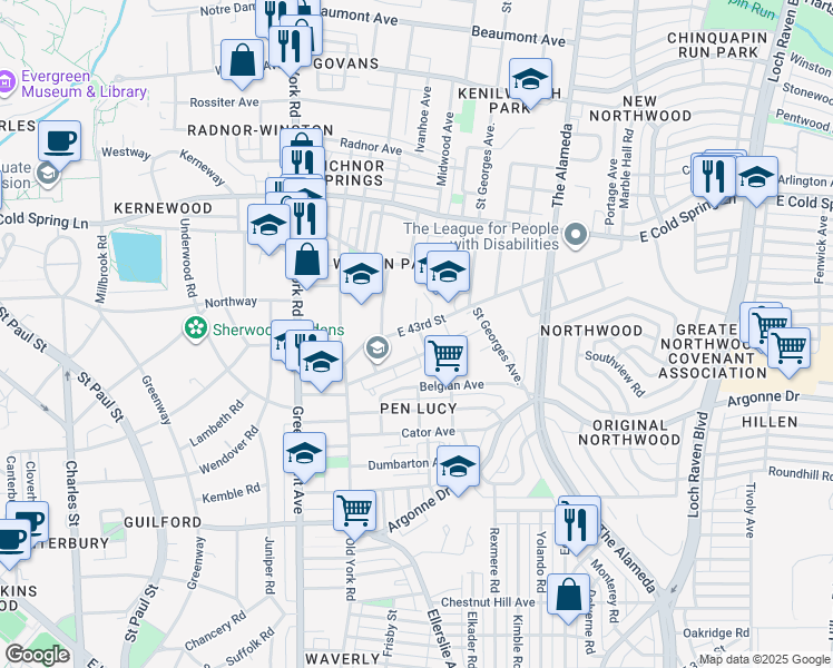 map of restaurants, bars, coffee shops, grocery stores, and more near 723 East 43rd Street in Baltimore