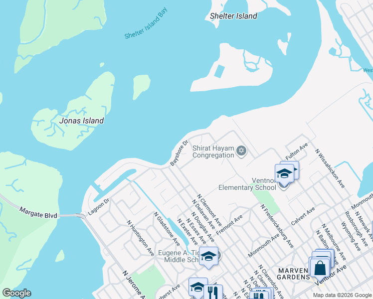 map of restaurants, bars, coffee shops, grocery stores, and more near 620 Barclay Avenue in Margate City
