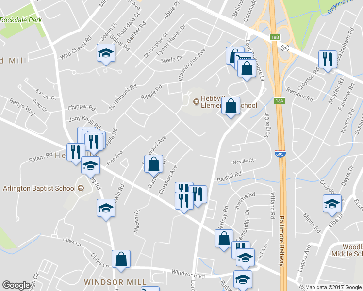 map of restaurants, bars, coffee shops, grocery stores, and more near 7305 Dooman Road in Milford Mill