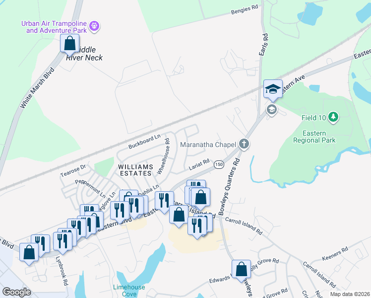 map of restaurants, bars, coffee shops, grocery stores, and more near 122 Roundup Road in Middle River