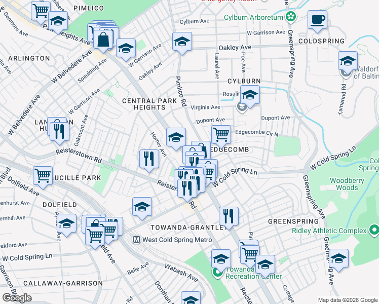 map of restaurants, bars, coffee shops, grocery stores, and more near 4601 Park Heights Avenue in Baltimore
