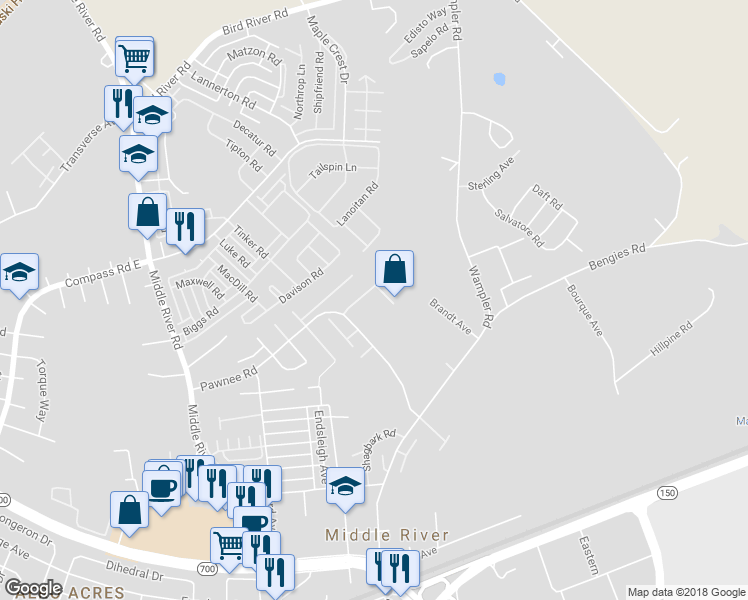 map of restaurants, bars, coffee shops, grocery stores, and more near 5 Tomahawk Terrace in Middle River