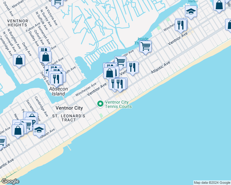 map of restaurants, bars, coffee shops, grocery stores, and more near 113 South Little Rock Avenue in Ventnor City