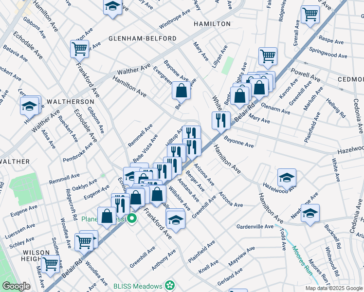 map of restaurants, bars, coffee shops, grocery stores, and more near 5602 Benton Heights Avenue in Baltimore