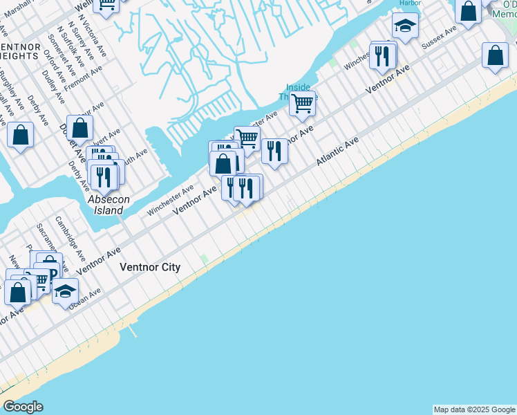 map of restaurants, bars, coffee shops, grocery stores, and more near 104 South Frankfort Avenue in Ventnor City