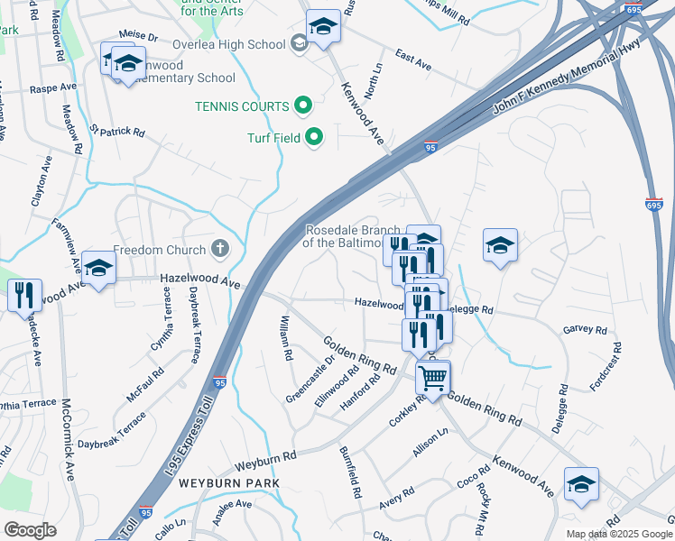 map of restaurants, bars, coffee shops, grocery stores, and more near 2020 Kelbourne Road in Rosedale