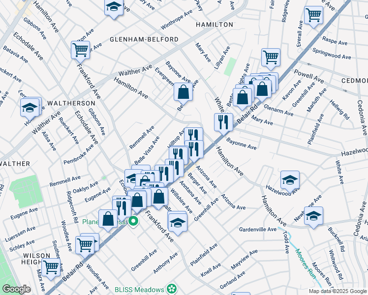 map of restaurants, bars, coffee shops, grocery stores, and more near 5602 Benton Heights Avenue in Baltimore