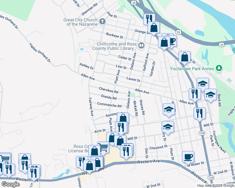 map of restaurants, bars, coffee shops, grocery stores, and more near 610 Cherokee Road in Chillicothe