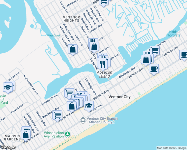 map of restaurants, bars, coffee shops, grocery stores, and more near 6104 Monmouth Avenue in Ventnor City