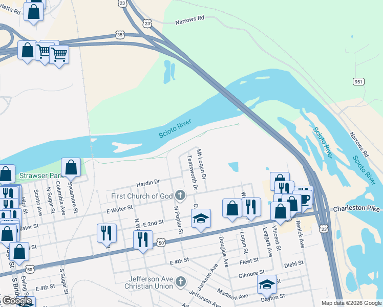 map of restaurants, bars, coffee shops, grocery stores, and more near 225 Mount Logan Drive in Chillicothe