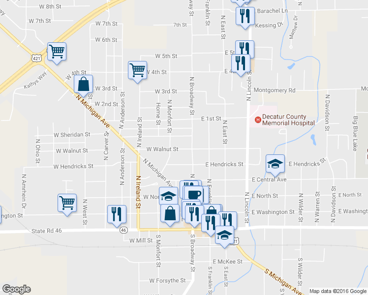 map of restaurants, bars, coffee shops, grocery stores, and more near 120 West Walnut Street in Greensburg