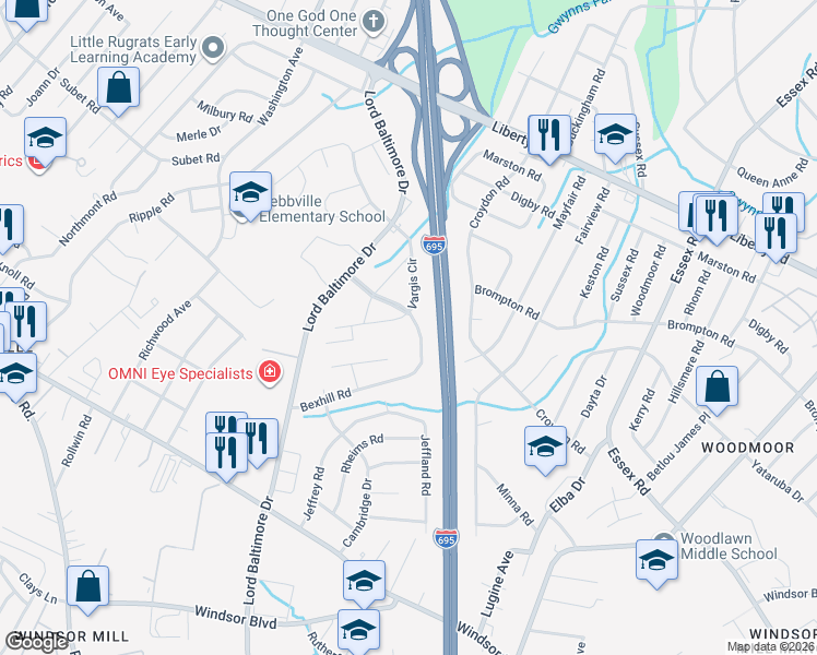 map of restaurants, bars, coffee shops, grocery stores, and more near 7005 Rudisill Court in Milford Mill