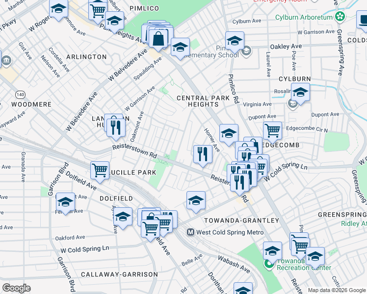 map of restaurants, bars, coffee shops, grocery stores, and more near 3503 Woodland Avenue in Baltimore