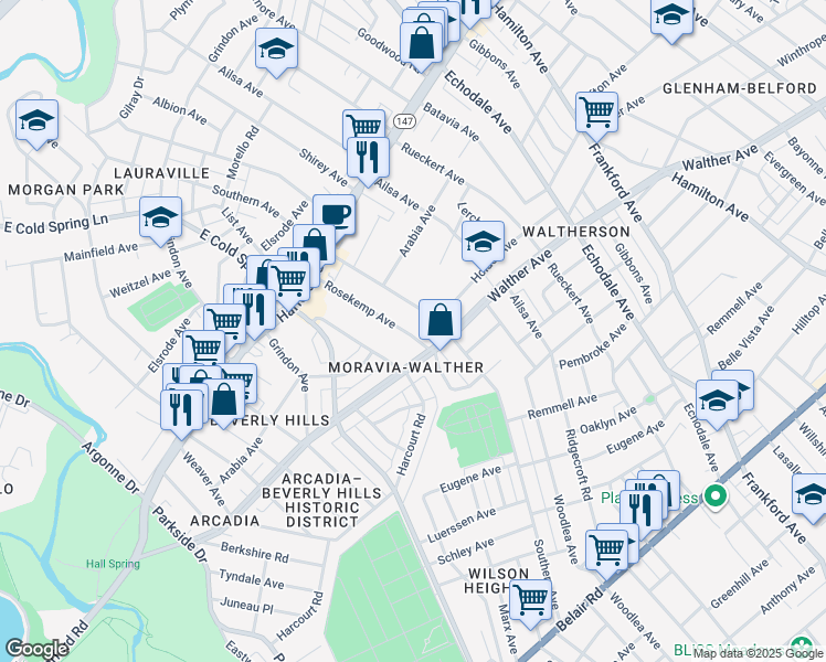 map of restaurants, bars, coffee shops, grocery stores, and more near 3310 Rosekemp Avenue in Baltimore