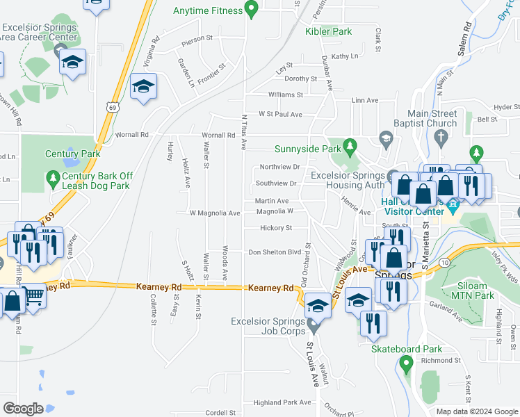 map of restaurants, bars, coffee shops, grocery stores, and more near 1012 Magnolia West in Excelsior Springs
