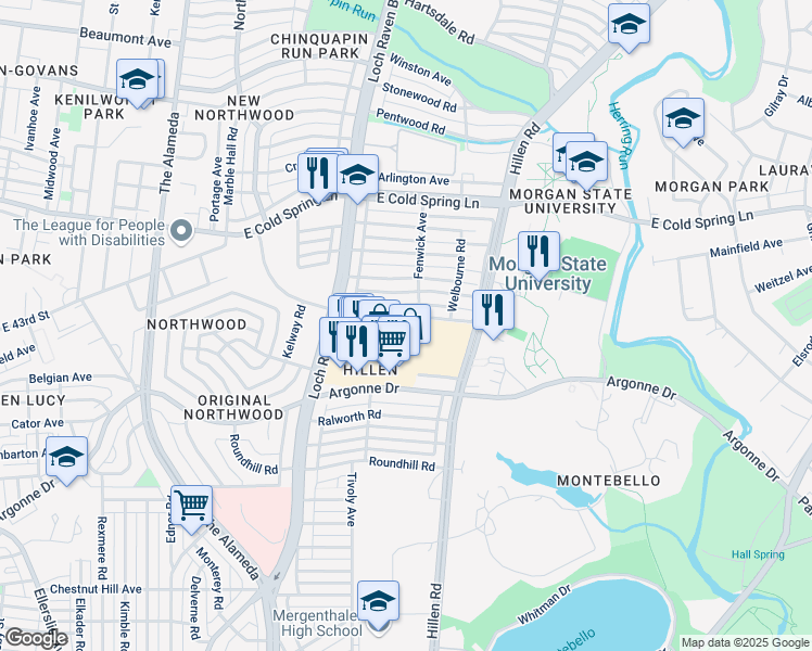 map of restaurants, bars, coffee shops, grocery stores, and more near 1554 Sheffield Road in Baltimore