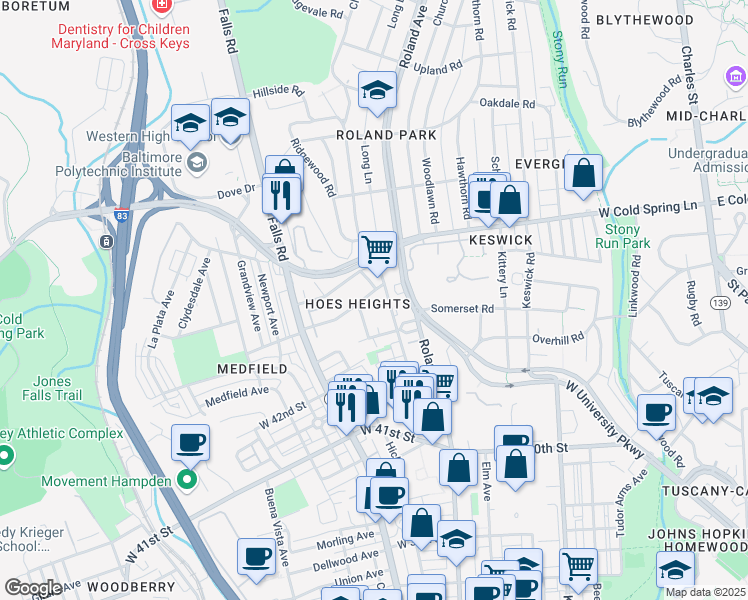 map of restaurants, bars, coffee shops, grocery stores, and more near 1015 Roland Heights Avenue in Baltimore