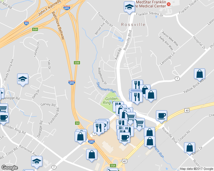 map of restaurants, bars, coffee shops, grocery stores, and more near 6530 Ridgeborne Drive in Rosedale