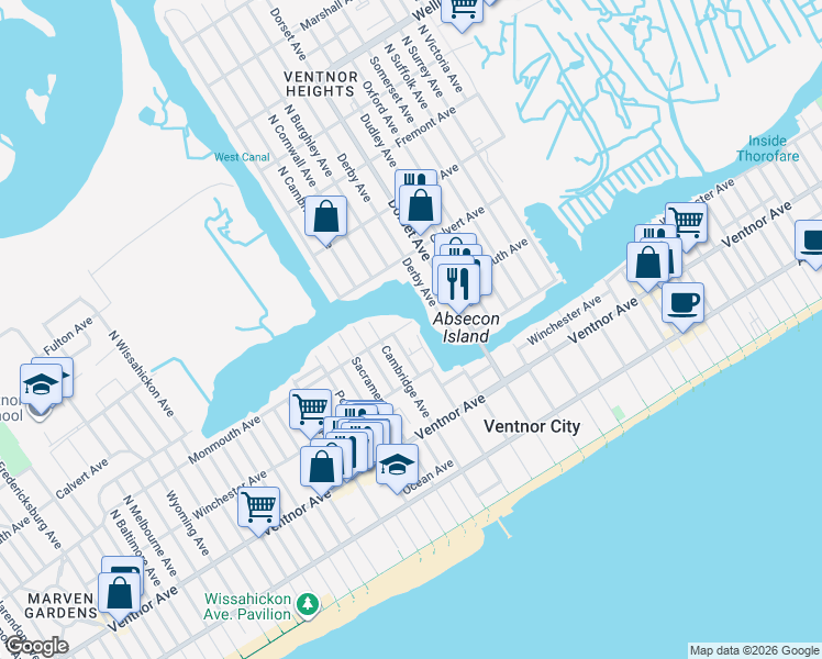 map of restaurants, bars, coffee shops, grocery stores, and more near 6104B Monmouth Avenue in Ventnor City