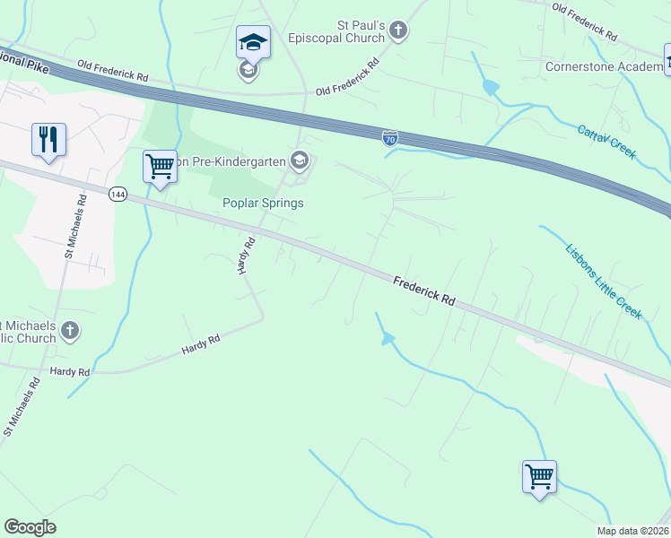map of restaurants, bars, coffee shops, grocery stores, and more near 16609 Frederick Road in Mount Airy