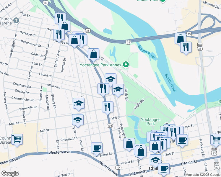 map of restaurants, bars, coffee shops, grocery stores, and more near 421 Yoctangee Parkway in Chillicothe