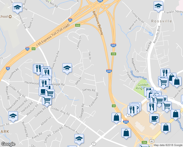 map of restaurants, bars, coffee shops, grocery stores, and more near 6818 Fordcrest Road in Rosedale