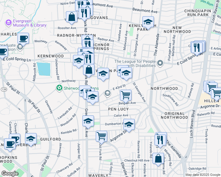 map of restaurants, bars, coffee shops, grocery stores, and more near 706 East 43rd Street in Baltimore