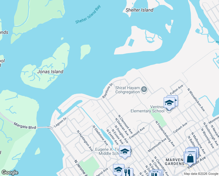 map of restaurants, bars, coffee shops, grocery stores, and more near 620 Barclay Avenue in Margate City