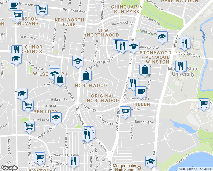 map of restaurants, bars, coffee shops, grocery stores, and more near 1315 Northview Road in Baltimore