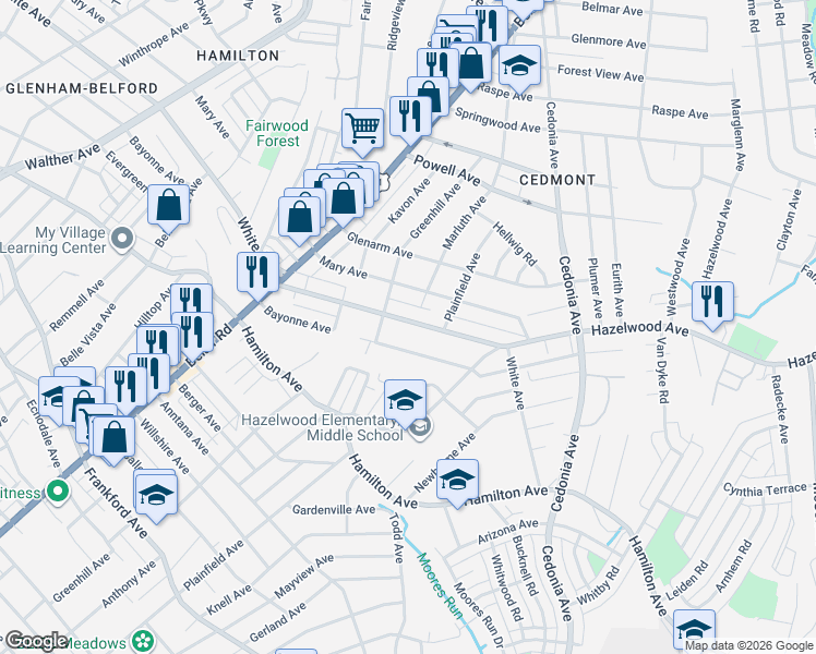 map of restaurants, bars, coffee shops, grocery stores, and more near 4411 White Avenue in Baltimore