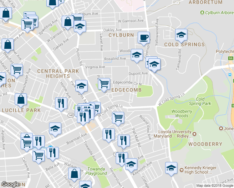 map of restaurants, bars, coffee shops, grocery stores, and more near 2903 Edgecombe Circle South in Baltimore