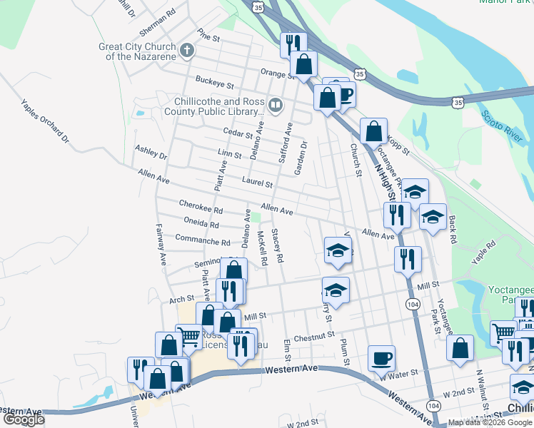 map of restaurants, bars, coffee shops, grocery stores, and more near 475 Stacey Road in Chillicothe