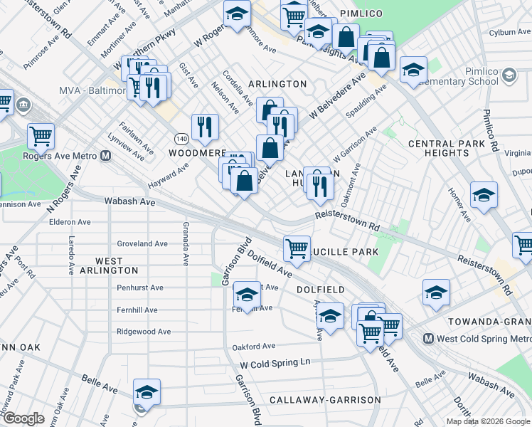 map of restaurants, bars, coffee shops, grocery stores, and more near Reisterstown Rd & W Garrison Ave in Baltimore