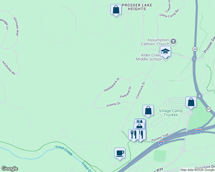 map of restaurants, bars, coffee shops, grocery stores, and more near 11954 Saddleback Drive in Truckee