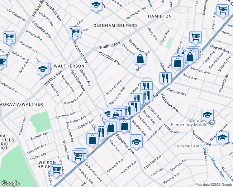 map of restaurants, bars, coffee shops, grocery stores, and more near 5424 Belle Vista Avenue in Baltimore