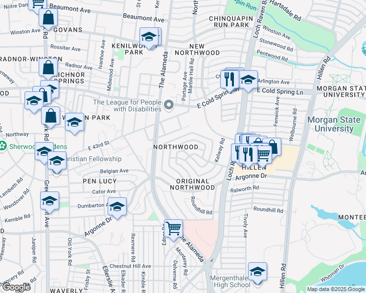 map of restaurants, bars, coffee shops, grocery stores, and more near 1215 Northview Road in Baltimore
