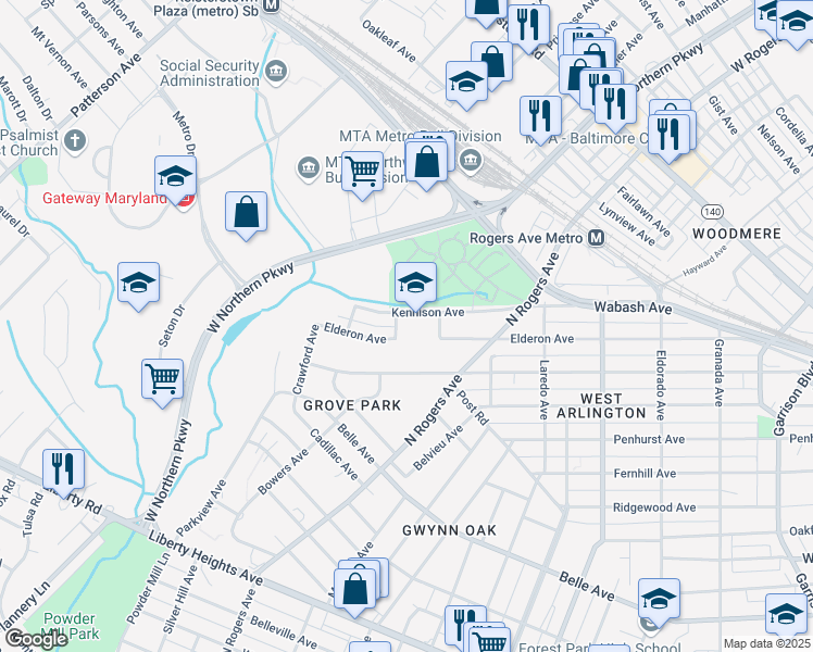map of restaurants, bars, coffee shops, grocery stores, and more near 5545 Kennison Avenue in Baltimore