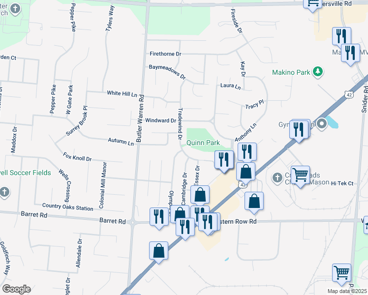 map of restaurants, bars, coffee shops, grocery stores, and more near 880 Tradewind Drive in Mason