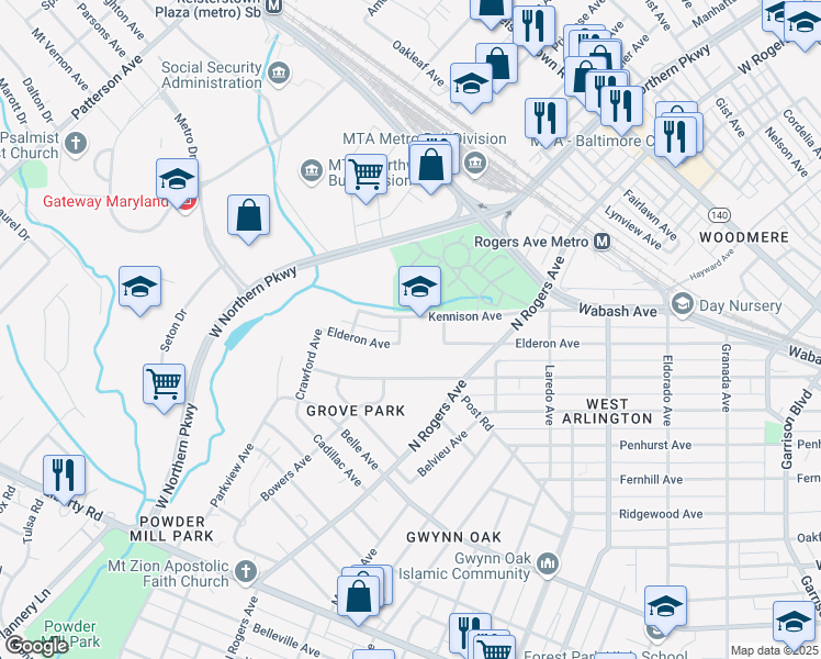 map of restaurants, bars, coffee shops, grocery stores, and more near 5545 Kennison Avenue in Baltimore