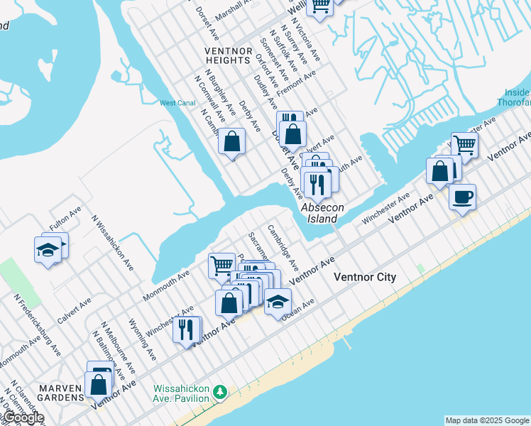 map of restaurants, bars, coffee shops, grocery stores, and more near 202 North Cambridge Avenue in Ventnor City