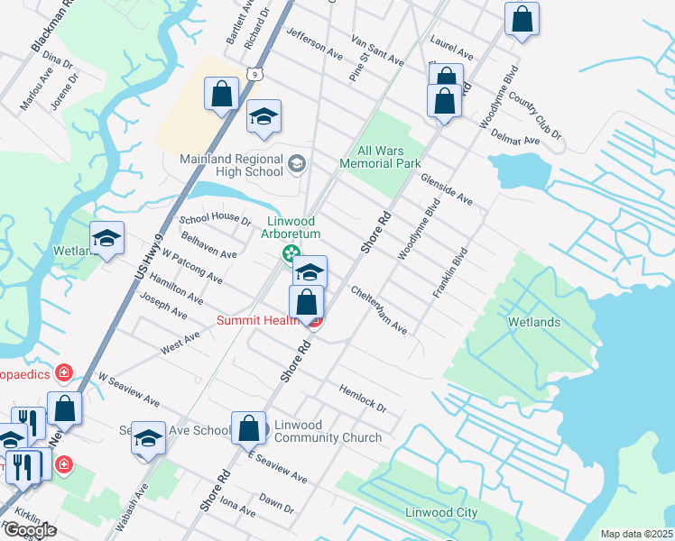 map of restaurants, bars, coffee shops, grocery stores, and more near 1439 Shore Road in Linwood