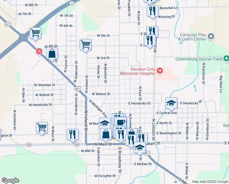 map of restaurants, bars, coffee shops, grocery stores, and more near 120 West Walnut Street in Greensburg
