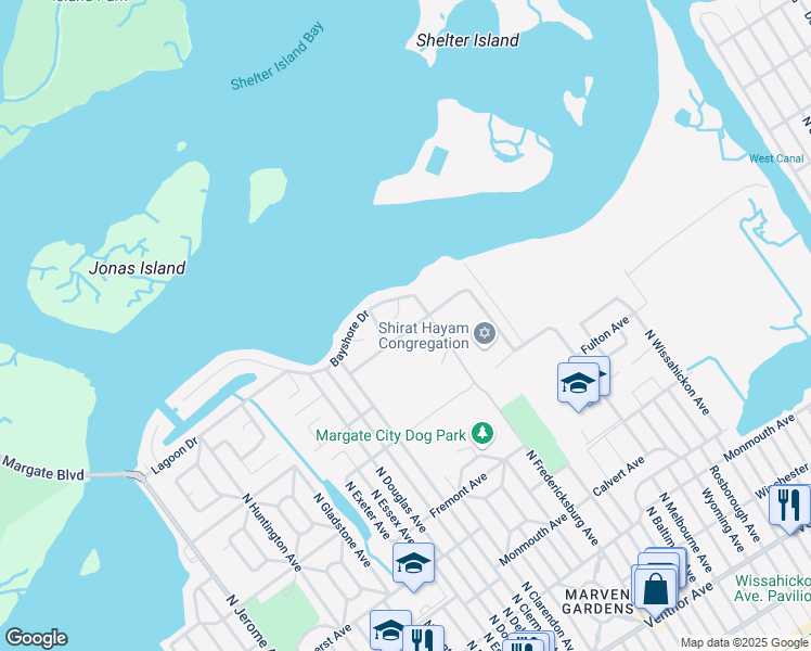 map of restaurants, bars, coffee shops, grocery stores, and more near 7501 Burk Avenue in Margate City