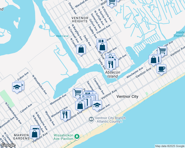 map of restaurants, bars, coffee shops, grocery stores, and more near 6101 Monmouth Avenue in Ventnor City